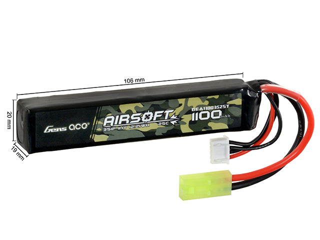 Gens Ace 25C 1100mAh 3S1P 11.1V Airsoft LiPo Batteri mini Tamiya