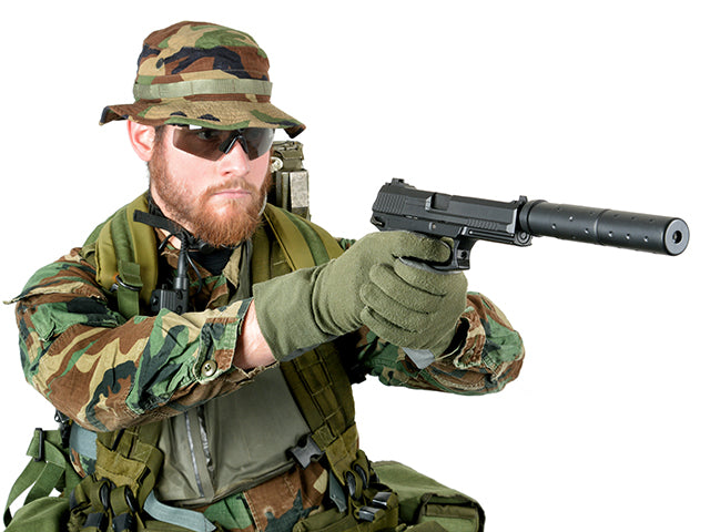 SOCOM pistol replica med lyddæmper (Grøn Gas version)