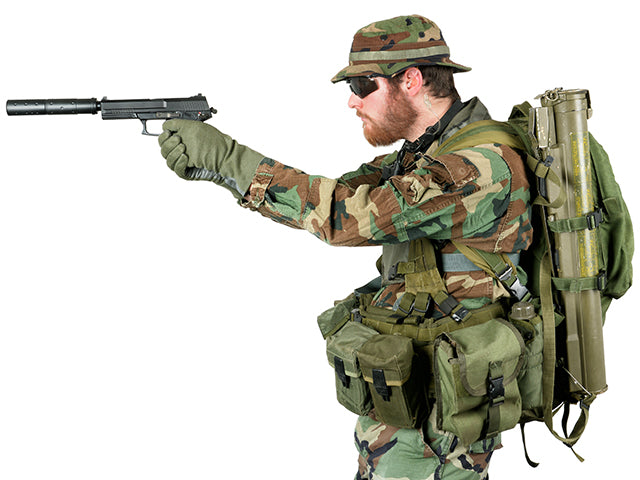 SOCOM pistol replica med lyddæmper (Grøn Gas version)
