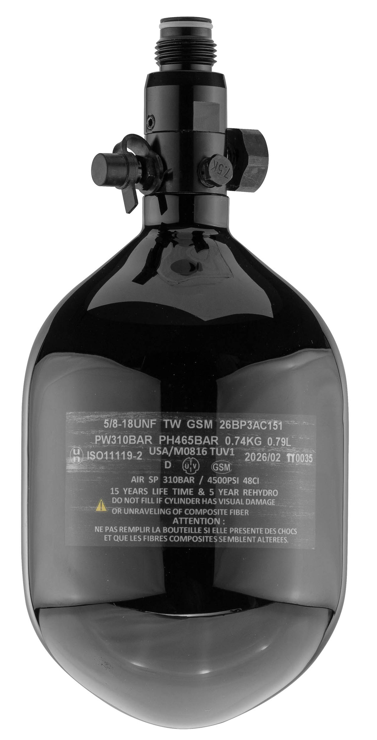 Carbon HPA Tank 4500 PSI, 0,8L med regulator – Sort