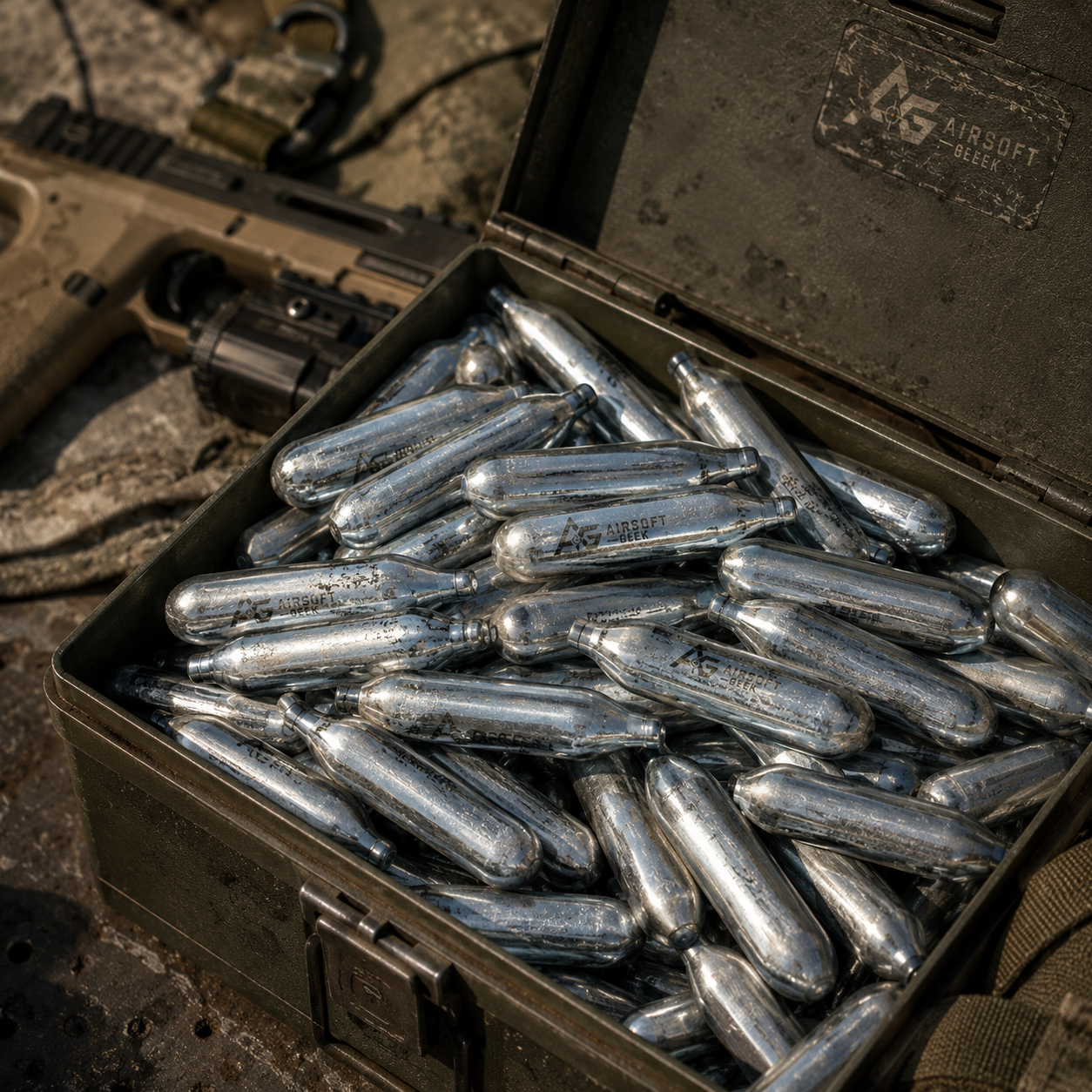 CO2 patroner i ammunitionskasse ved taktisk airsoft udstyr