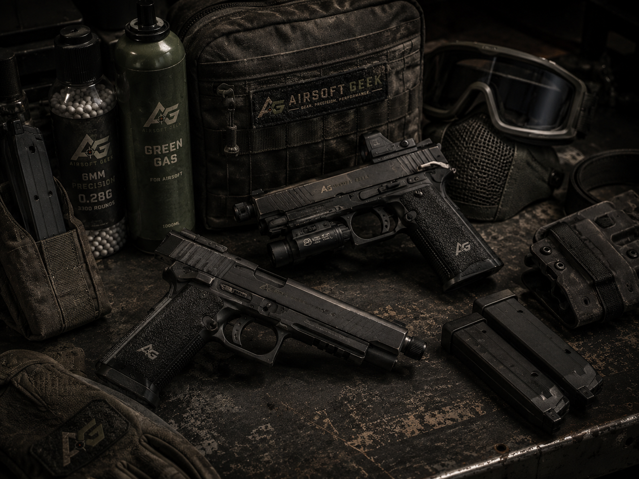 Gasdrevet airsoft pistol med green gas, magasiner og beskyttelsesbriller hos Airsoftgeek