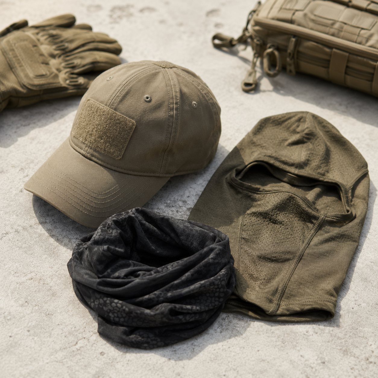Airsoft camo hat, tactical cap og balaclava på taktisk setup