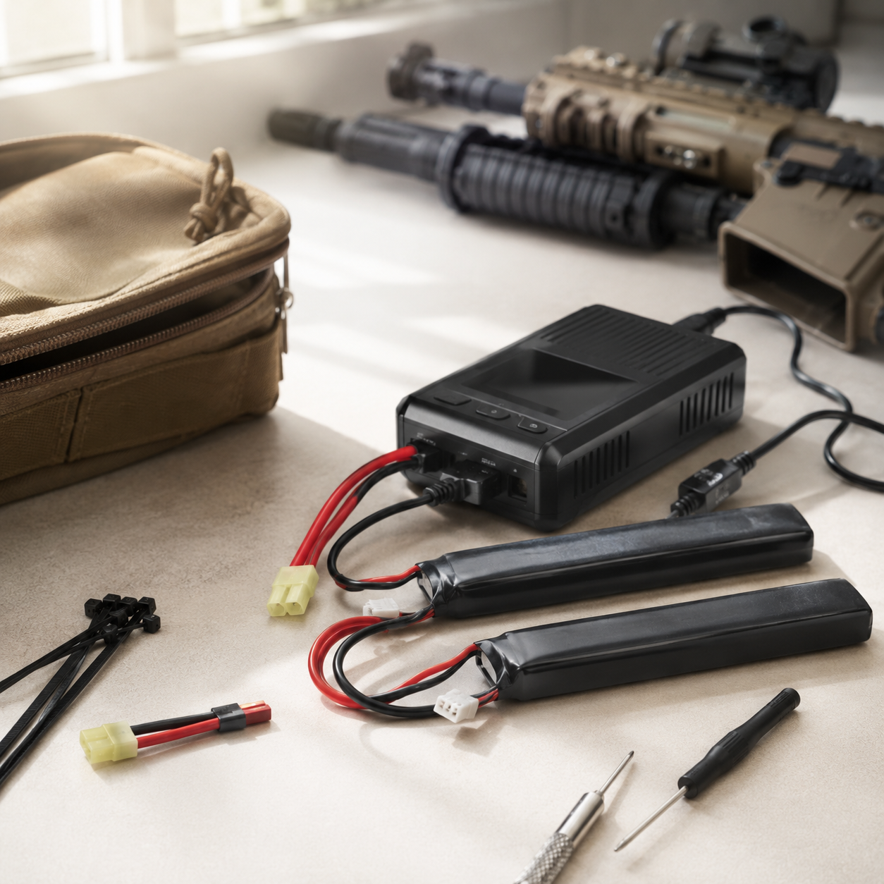 Airsoft batterier, lader, værktøj og tilbehør lagt frem ved rifle på lyst arbejdsbord