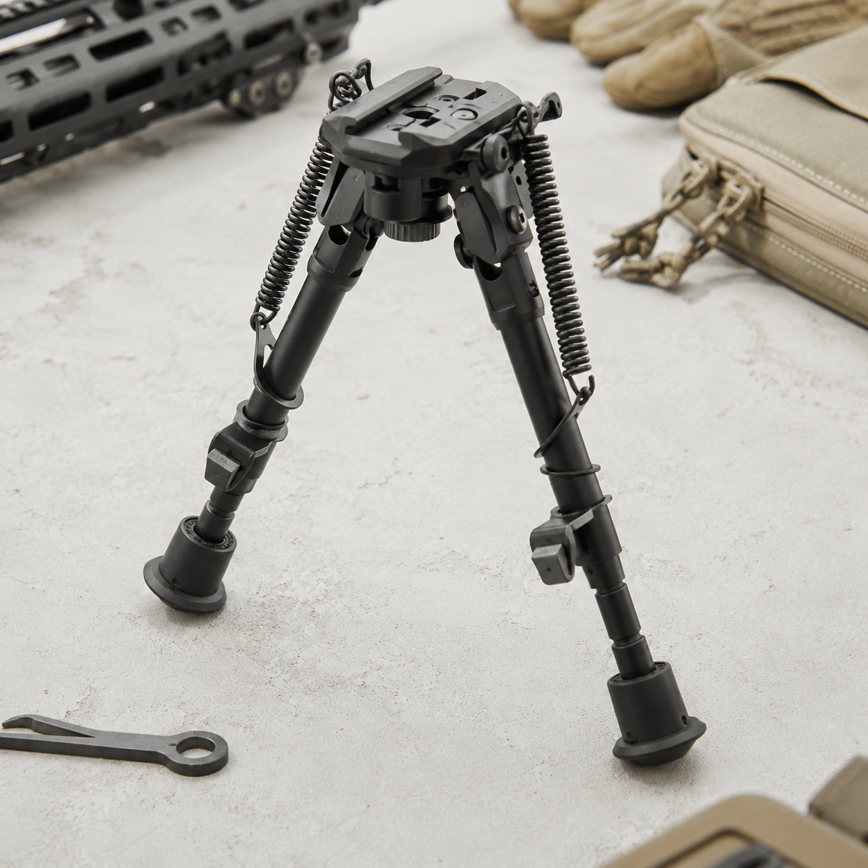 Justerbar airsoft bipod monteret på RIS rail med taktisk udstyr og handsker på arbejdsbord