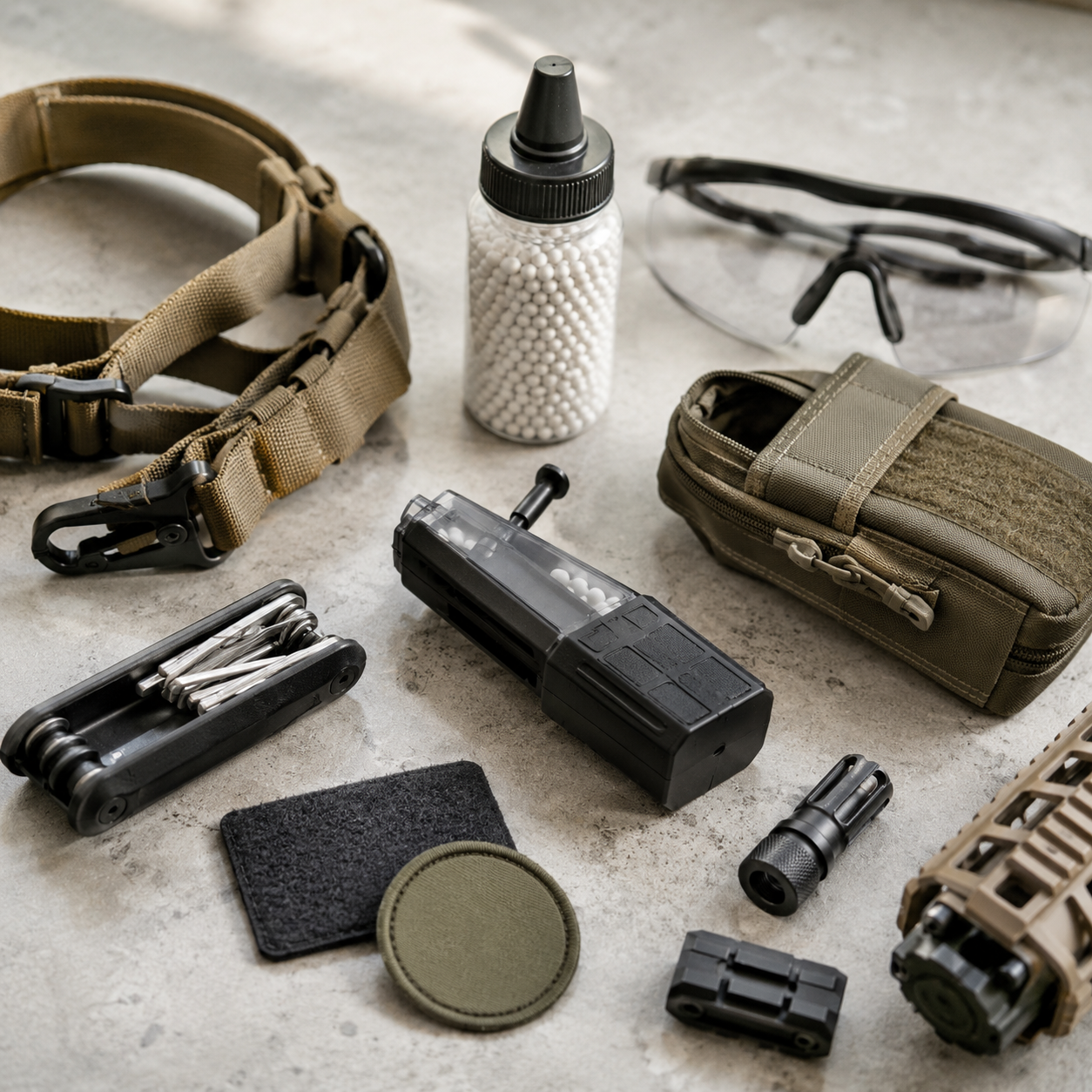 Diverse airsoft reservedele, BBs, værktøj og mindre opgraderingsdele