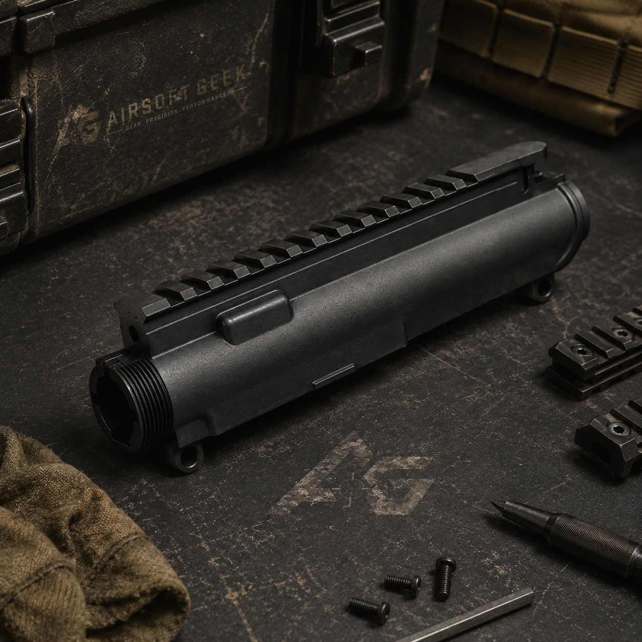 Airsoft frontdel og handguard på taktisk arbejdsbord