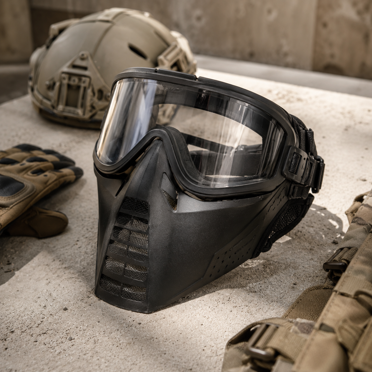 Sort airsoft fullface maske med goggles og taktisk hjelm