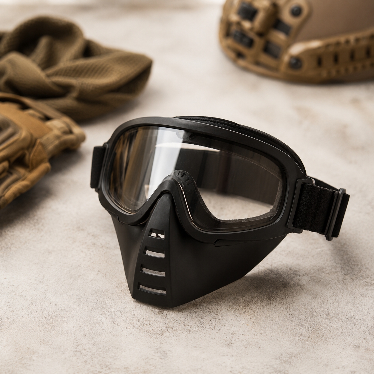 Airsoft goggles og sort fullface maske på taktisk setup