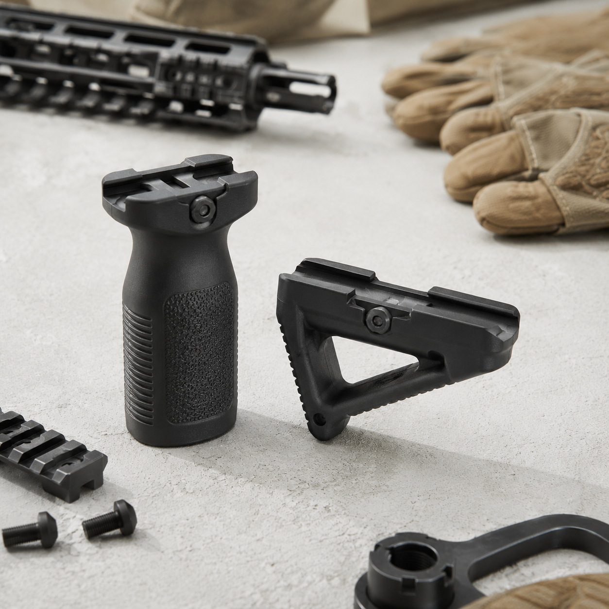 Sort vertical greb og angled frontgreb til airsoft rifle med rail-system og taktiske handsker