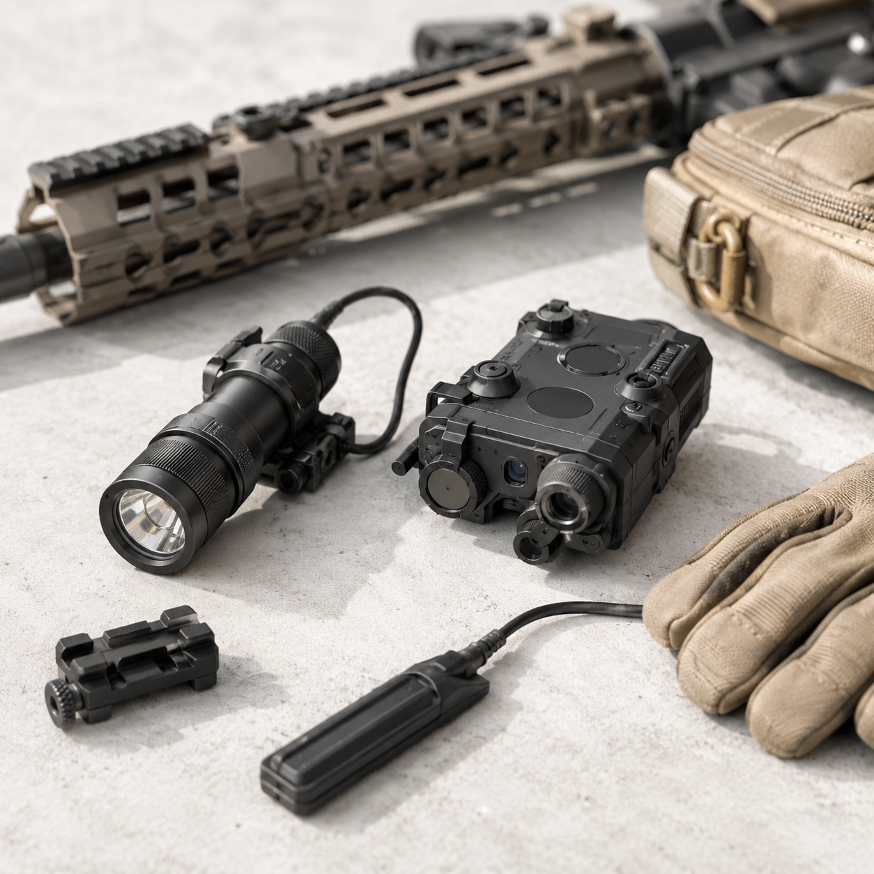 Airsoft våbenlygte og PEQ boks med rail montering ved siden af taktisk airsoft riffel og handsker