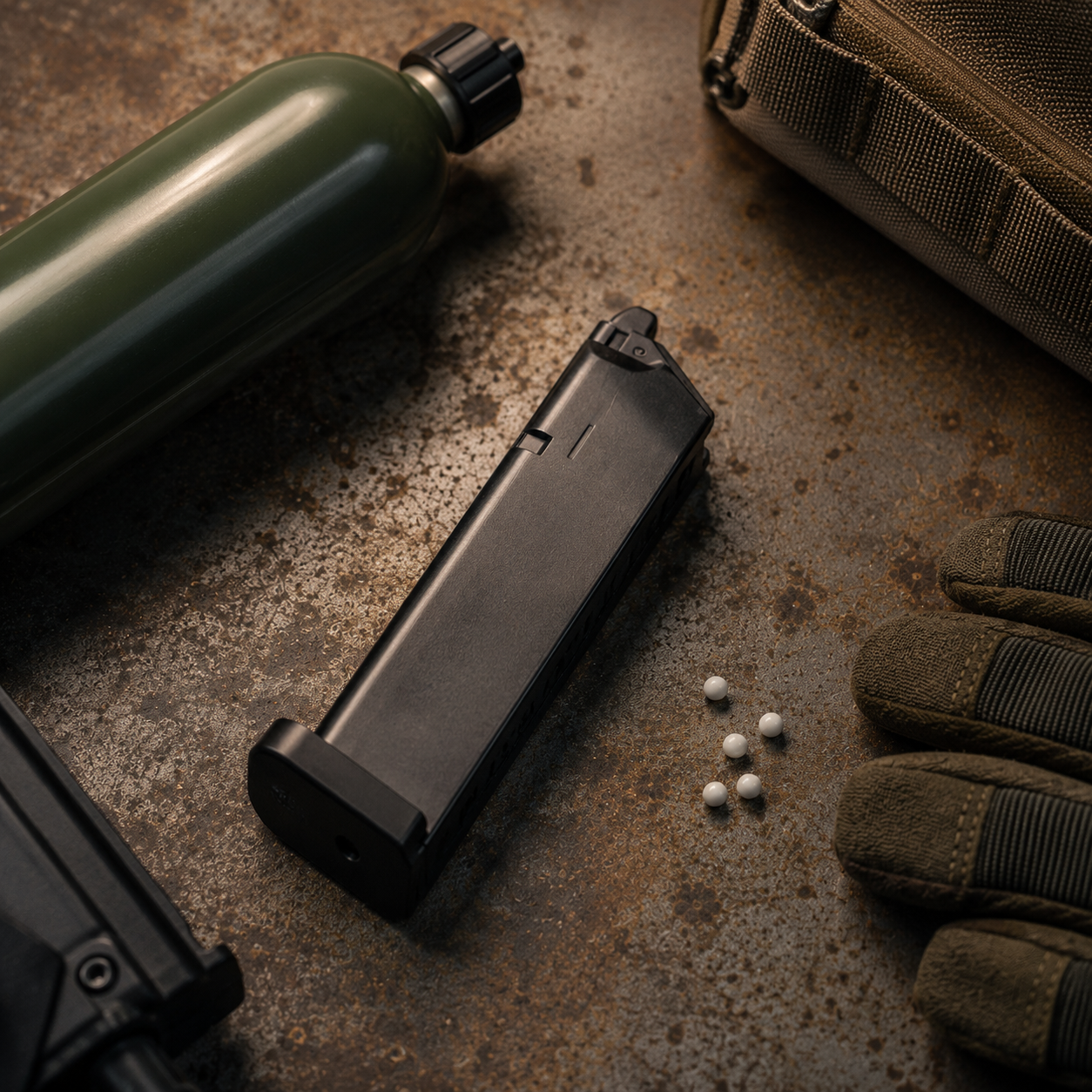 Airsoft CO2 magasin ved siden af grøn gasflaske og BB kugler på rustikt bord