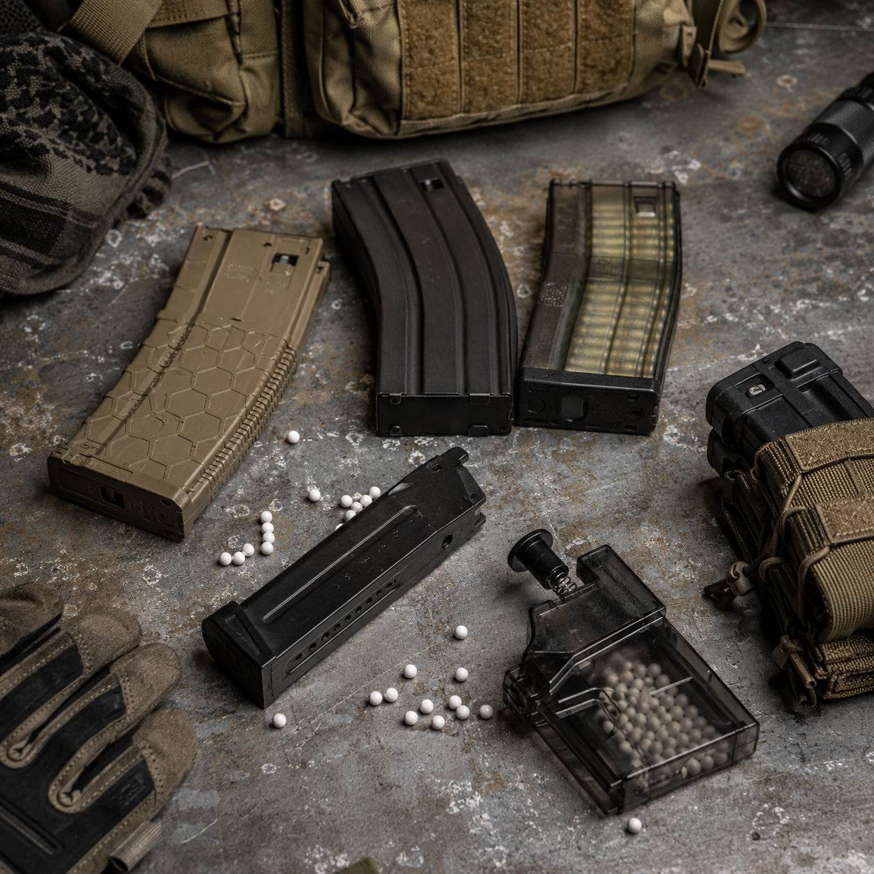 Magasin tilbehør til airsoft med speedloader, magasiner, BBs og taktisk udstyr