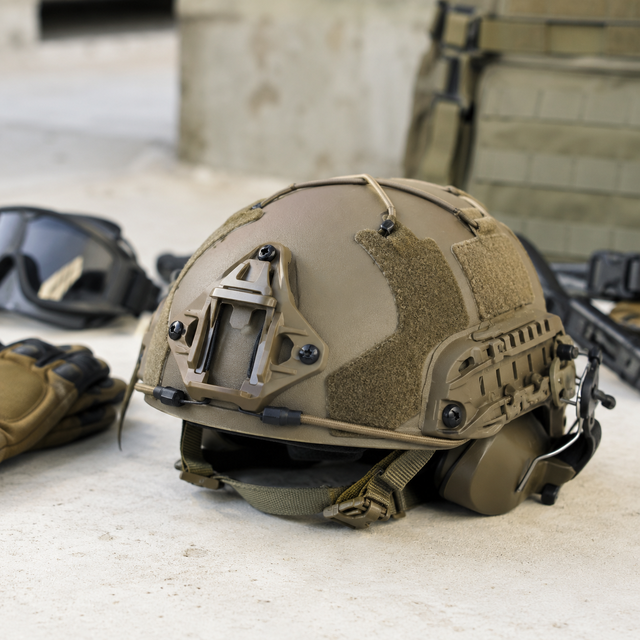 Airsoft hjelm, goggles og taktisk ansigtsbeskyttelse på bord