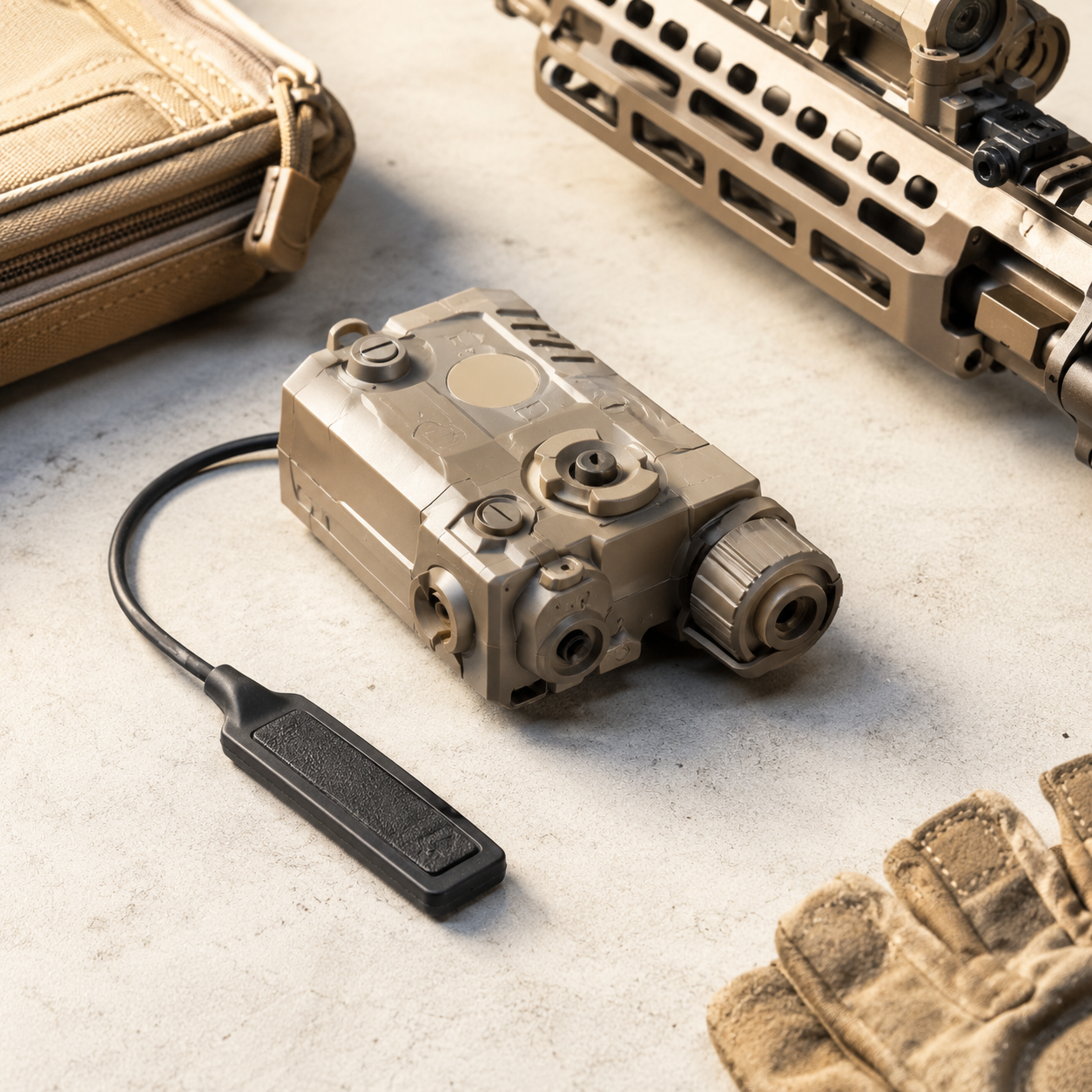 Tan PEQ batteri case monteret ved airsoft rifle med rail og taktisk udstyr