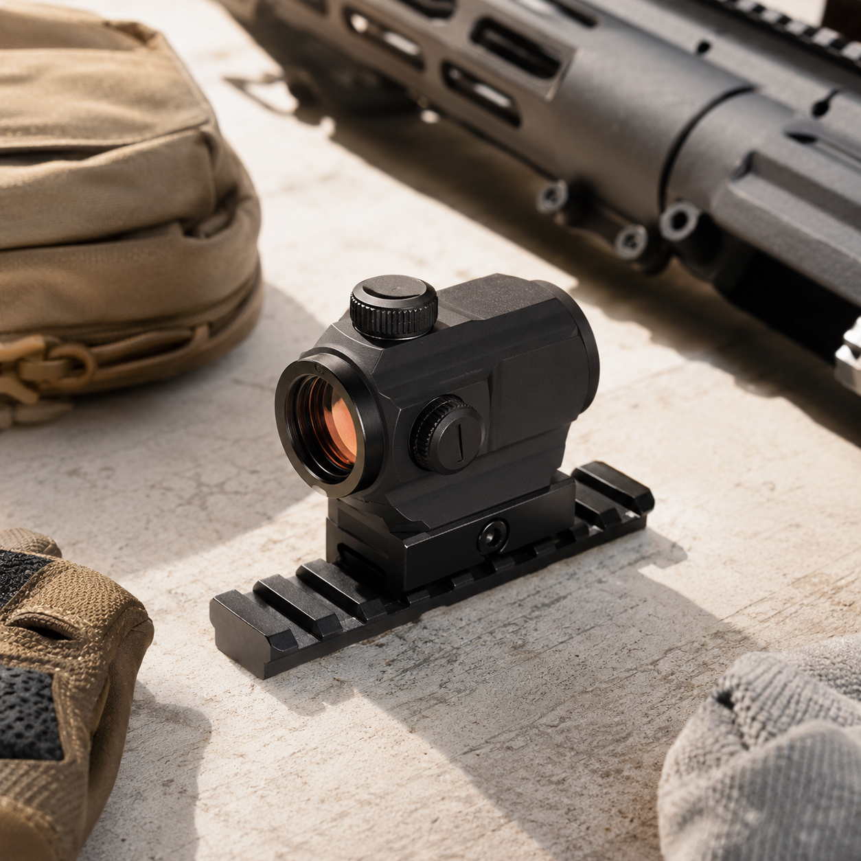 Airsoft rødpunktsigte på rail med taktisk pouch og airsoft rifle i baggrunden