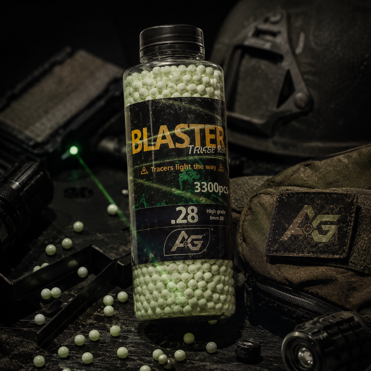 Flaske med grønne airsoft tracer kugler ved airsoftudstyr