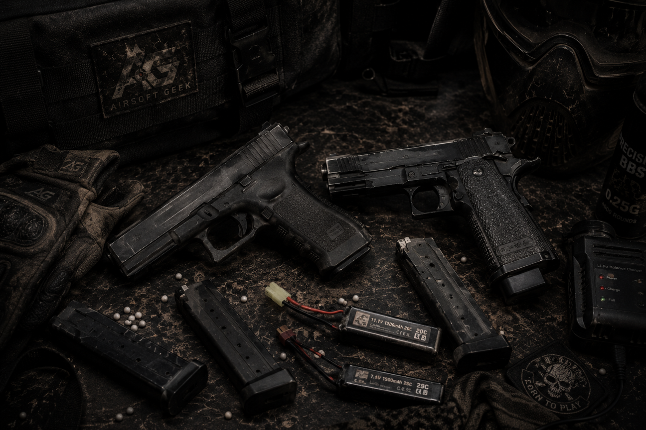 Elektriske airsoft pistoler med batteri og magasiner på mørkt gearbord