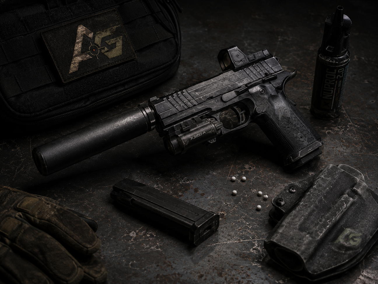 Airsoft fjeder pistol med lyddæmper og magasin på mørkt underlag