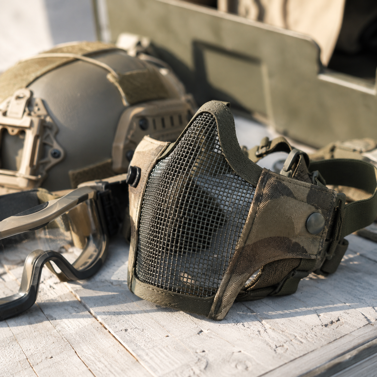 Airsoft underdel med mesh mundbeskytter, goggles og taktisk hjelm
