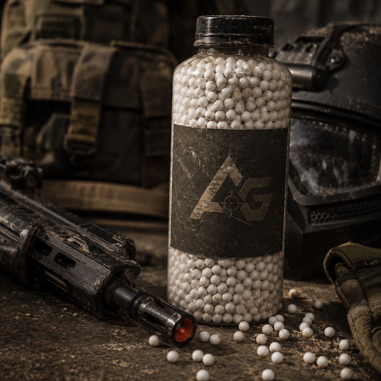 Flaske med hvide airsoft kugler ved taktisk airsoft udstyr