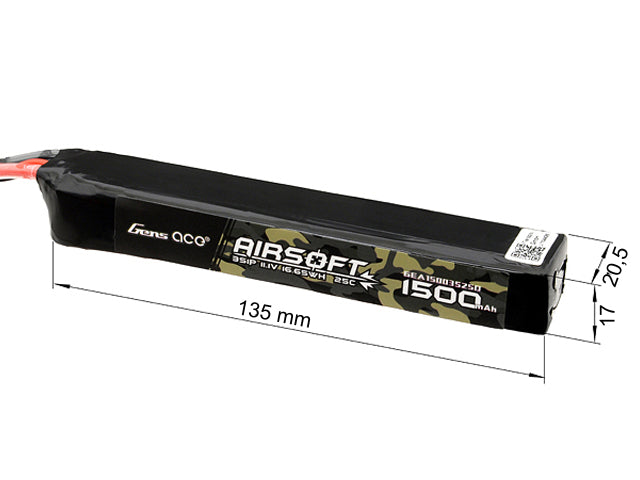 Gens Ace 25C 1500mAh 3S1P 11.1V Airsoft LiPo Batteri T-Plug