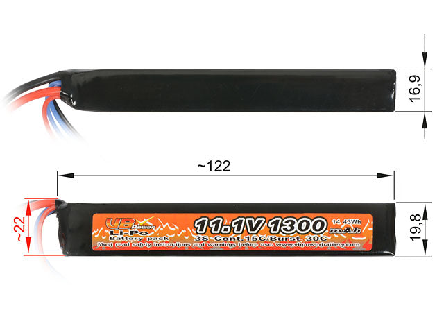 Batteri LiPo 1300mAh 11,1V 15/30C - T-stik