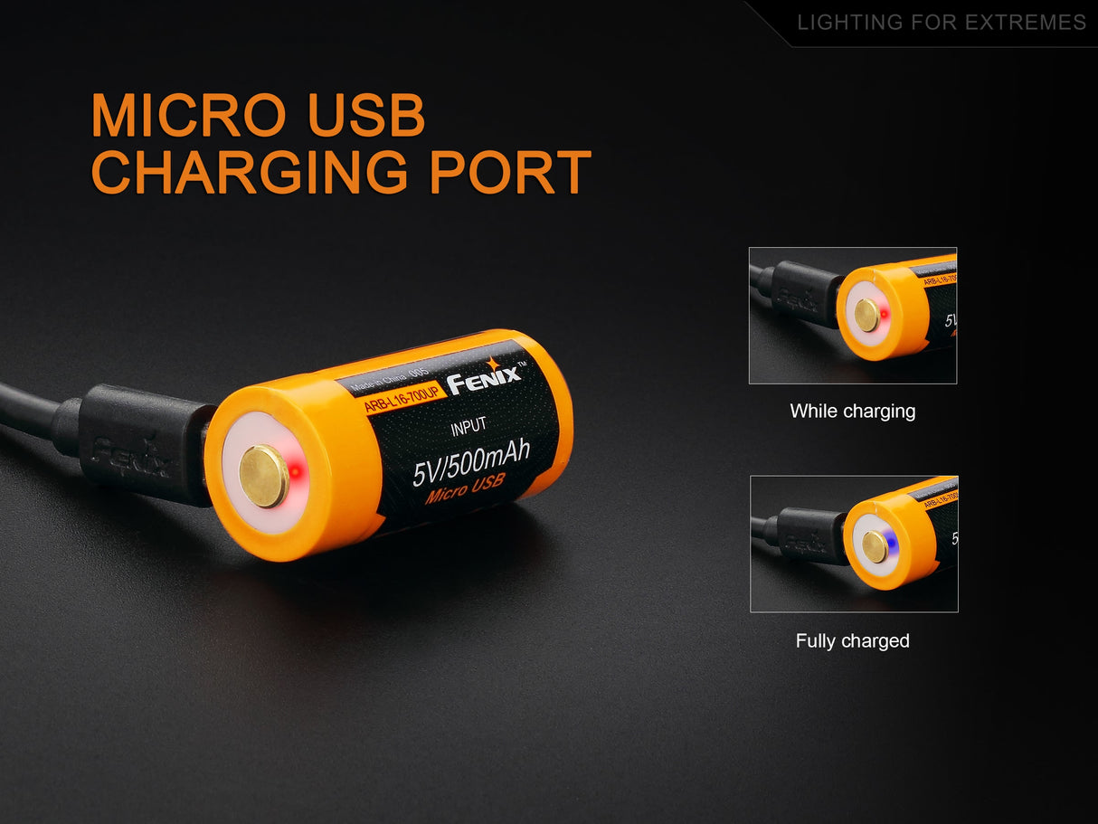 Fenix RCR123A / 16340 Genopladeligt Li-ion Batteri 700mAh med USB