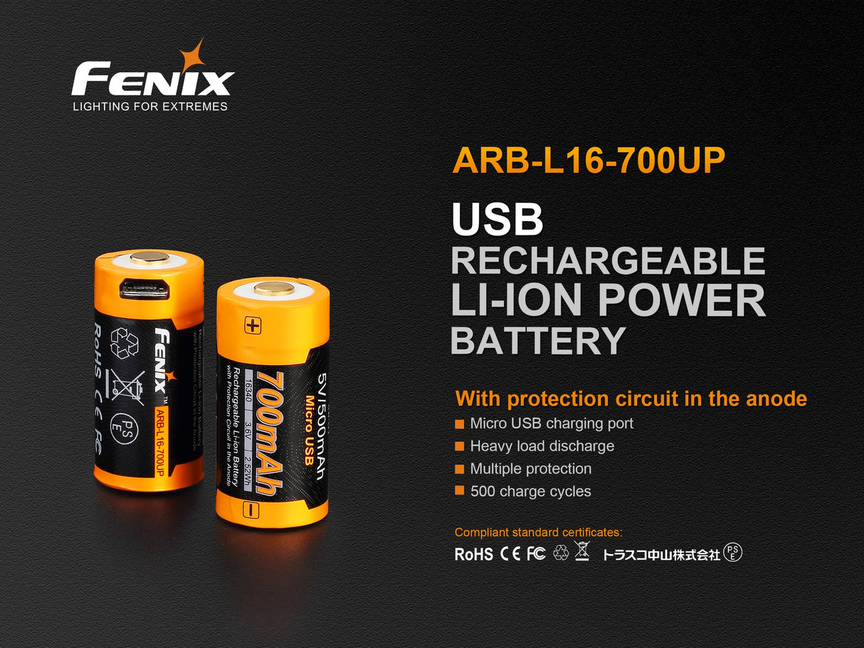 Fenix RCR123A / 16340 Genopladeligt Li-ion Batteri 700mAh med USB