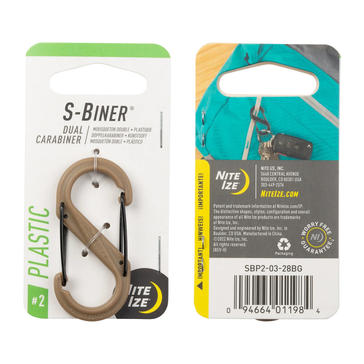 S-BINER® PLASTIK DUAL Karabinhage, TAN - STØRRELSE 2