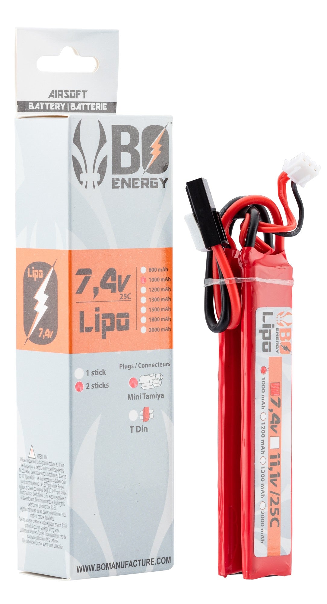 2 sticks 2S 7.4V 1000mAh 25C Lipo battery