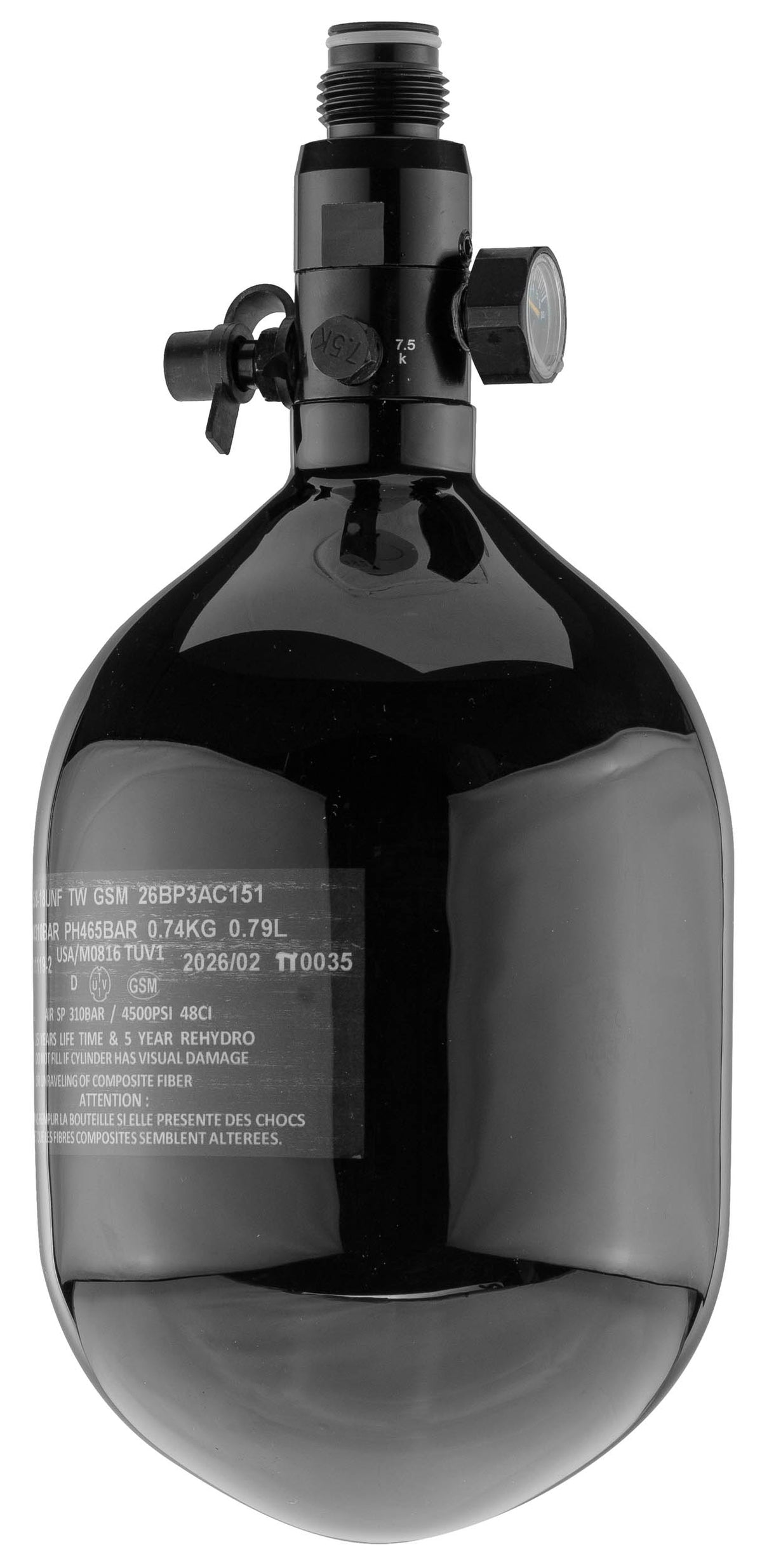 Carbon HPA Tank 4500 PSI, 0,8L med regulator – Sort