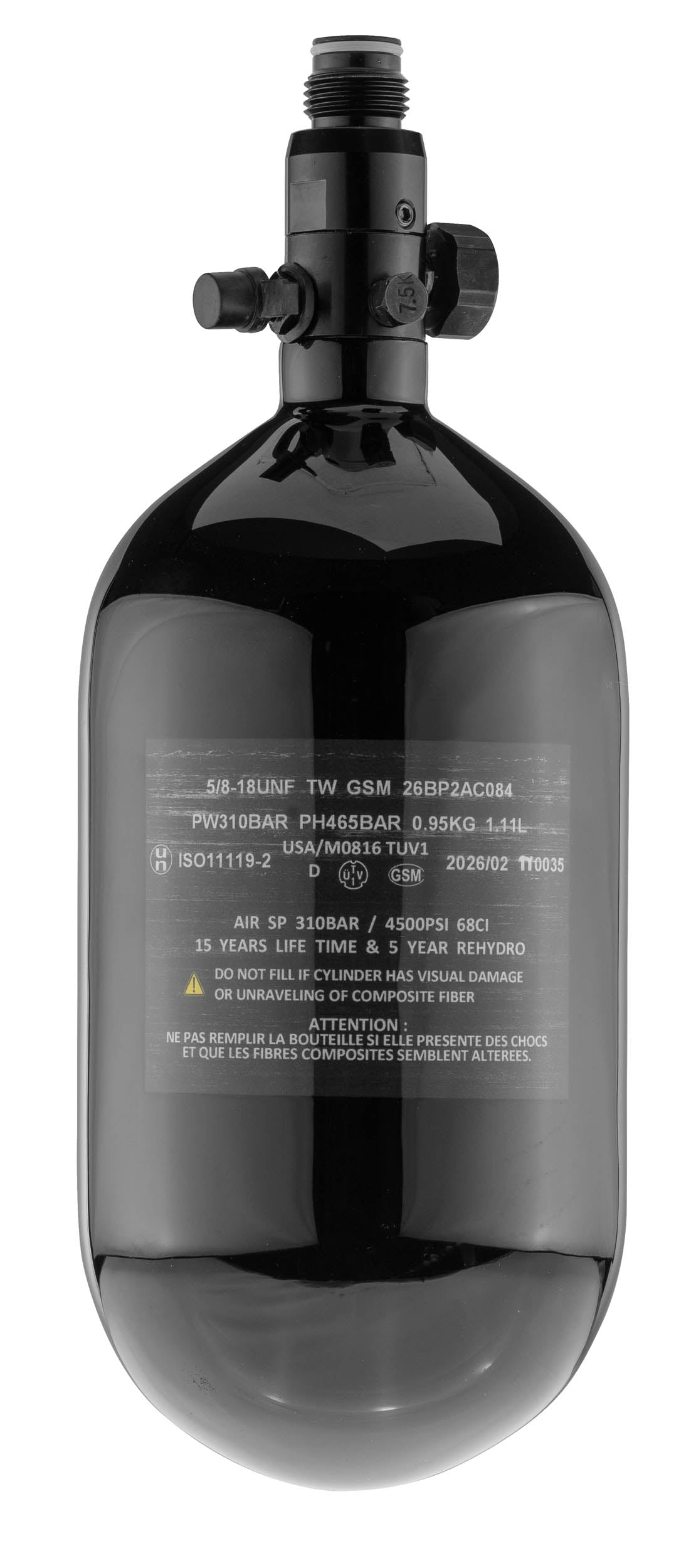 Carbon HPA Tank 4500 PSI, 0,8L med regulator – Sort